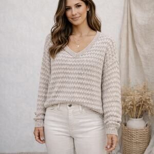 Chunky Nuetral Sweater Size XL | Beige Striped Casual Collegiate Boho